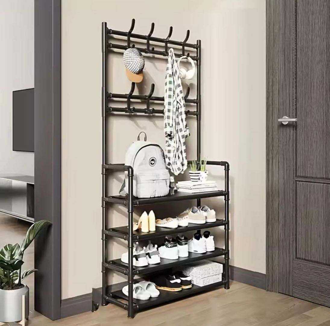 4 Tier Multi Function Entryway Shoe Coat Rack Metal Freestanding Hat Clothes Hanger Storage Shelf for Home Entrance Wardrobe - Image 5